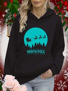 Sudadera Con Capucha Para Mujer En Azul Marino Estampado De Trineo Y Renos - Colección Norte, Letras Navideñas, Cómoda Buzón Invernal Casual Sin Botones/Cordones, Ropa De Otoño Para Mujeres, Suéteres Para Mujer, Sudadera De Acción De Gracias, Sudadera Para Mujer, Sudaderas Con Capucha Para Mujer Invierno, Tops, Ropa De Otoño Para Mujer, Sudaderas Con Capucha Largas Para Mujer - Oscuro - Ver 1