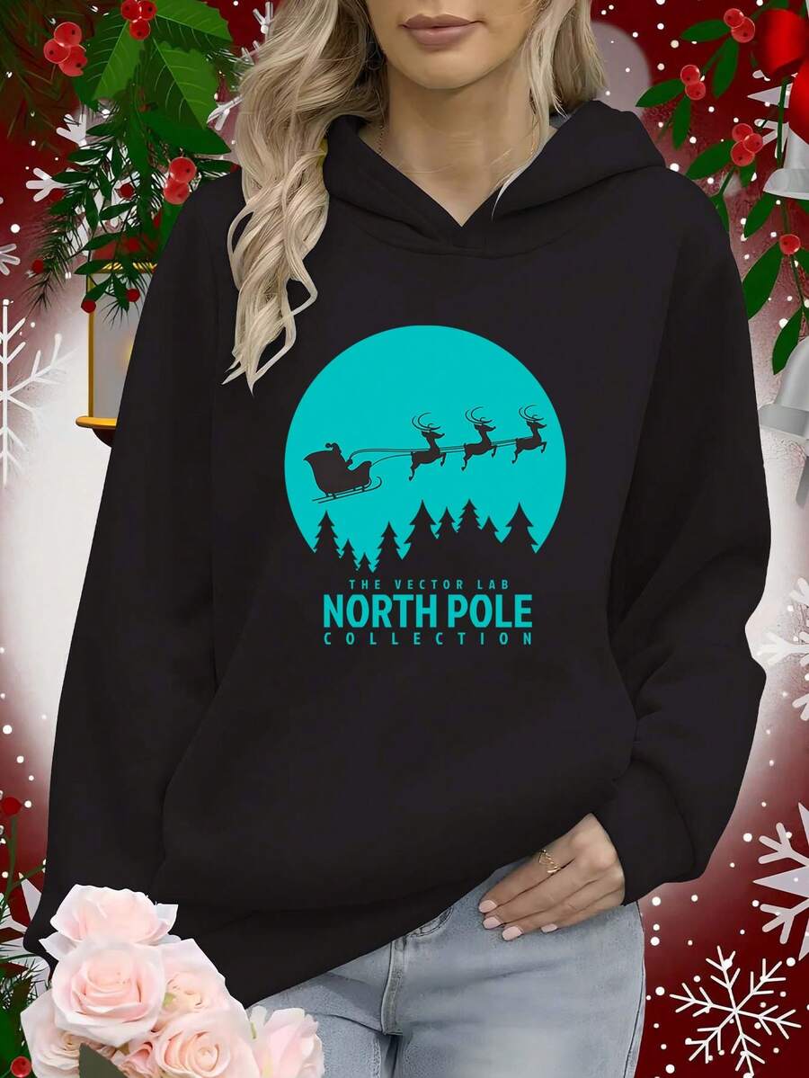 Sudadera Con Capucha Para Mujer En Azul Marino Estampado De Trineo Y Renos - Colección Norte, Letras Navideñas, Cómoda Buzón Invernal Casual Sin Botones/Cordones, Ropa De Otoño Para Mujeres, Suéteres Para Mujer, Sudadera De Acción De Gracias, Sudadera Para Mujer, Sudaderas Con Capucha Para Mujer Invierno, Tops, Ropa De Otoño Para Mujer, Sudaderas Con Capucha Largas Para Mujer - Oscuro - Ver 1