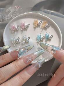 5 piezas Encantos de uñas de mariposa 3D, 5 piezas por paquete Mariposas rosas, blancas, azules y naranjas con rhinestones y perlas falsas, accesorios de joyería DIY para diseño de manicura, suministros para uñas