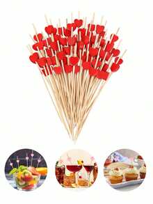 100pcs Heart-Shaped Bamboo Cocktail Picks, Natural Bamboo Toothpicks, Suitable For Valentine's Day Party Appetizers, Fruit, Cakes, Desserts, BBQ Snacks, Sandwiches