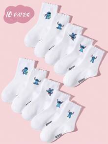 Disney 1/5/10 pares de calcetines deportivos para niños/niñas de primavera/verano, calcetines con barra doble, calcetines escolares, calcetines tobilleros con adorno de encaje, decorados con diseños de dibujos animados lindos, de moda, suaves y amigables con la piel, que absorben la humedad y transpirables, calcetines de encaje versátiles y casuales, adecuados para volver a la escuela, el campus, deportes, el aula, el nuevo semestre, estudiantes - Blanco - Ver 15