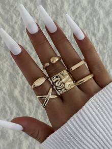 5件/6件/7件套简约优雅奢华不对称几何交叉镶钻复古光滑戒指套装，女士适用，适合派对、聚会、送礼