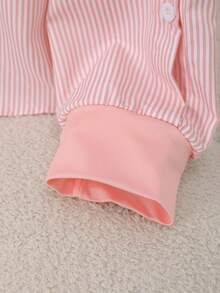 1 pezzo Camicetta da donna a righe con patchwork, colore a contrasto, costine, bottoni, adatta per uso quotidiano, primavera/autunno, colori: bianco, nero, blu, rosa, verde, giallo - Rosa - Visualizzare 5