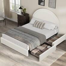 Meiyiu Twin/Full/Queen Size Bed Frame With Storage Drawers, Upholstered Boucle Platform Bed With Round Headboard, Heavy Duty & Noise Free, No Box Spring Needed - White-Full - 查看 9