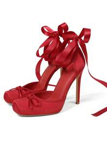 Red Ballet Shoes Bow Dress Party Square Toe Women Satin Ballerina Stiletto High Heel Mary Jane Pumps Lace Up Wedding Sexy Elegant Pumps - 紅色 - 查看 5