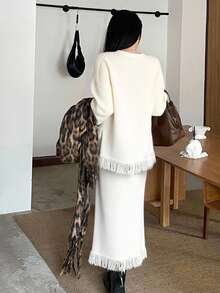 DAZY Women's Elegant Solid Color Fringe Knit Sweater & Skirt 2 Pieces Set, Autumn - Beige - View 4