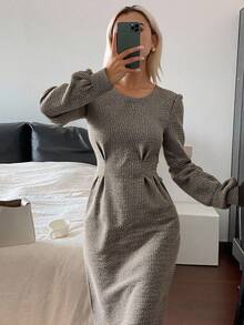 Livesso Đầm dài tay bồng cổ tròn thanh lịch cho nữ, mùa thu - Màu Khaki - Xem 1