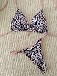 2026 New Leopard Print Pearl Bikini Swimsuit, European Style Tie-Up Tankini Set For Women, Leopard Full Body Print Twist Back Tie Swimwear, Vacation Beach - Leopard - View 5