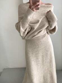 2pcs/Set Asymmetric Shoulder Knit Top + Mid-Length Knit Dress