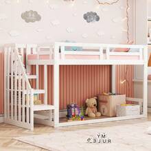 Children's Bed 90*200cm, Low Bunk Bed With Ladder, Solid Wood Bed Frame With Slatted Sides, White - White + Solid Wood - View 1