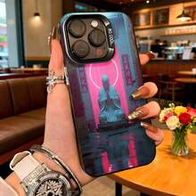 Cubierta de teléfono con diseño de Buda en neón rosa y azul para iPhone 14 Pro Max funda protectora con estética cyberpunk ideal para uso diario en cafeterías y salidas urbanas - Negro - Ver 2