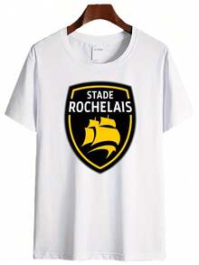 Stade Rochelais Rugby Logo T-Shirt - White With Black & Yellow Shield Design, Unisex Casual Wear, Breathable Material, Sizes S-5XL, Machine Washable For Everyday Wear, All-Season Clothing, Crew Neck Shirt, Non-See-Through Fabric - Black - View 6