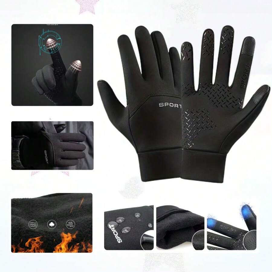 1 双男女通用冬季加厚手套，灰色/黑色抓绒手套，简约时尚设计，户外运动触屏手套，适用于骑行、跑步、钓鱼、滑雪，防风、防水、保暖，防滑硅胶掌面，弹性腕口，反光条增强夜间安全性，柔软舒适的材质，实用、防护、方便。 - 全指 - 查看 1