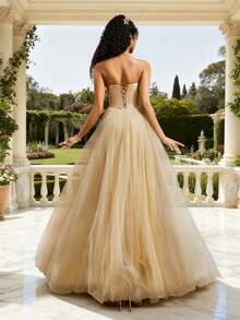 VIPGIRL 优雅浅黄色无肩带缎面雪纺晚礼服，露背系带设计，女士正式晚礼服，女士舞会礼服，短款返校礼服 - 黃色 - 查看 3