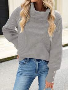 Áo len nữ cổ cao dáng rộng, kiểu dáng thường ngày, chất liệu dệt kim gân, tay dài, màu xám nhạt. - Xám - Xem 3