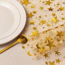1 Roll White Background Gold Star Sequin Tablecloth, 12x108 Inches, Polyester Material - No Assembly Required, Birthday Party, Wedding, Banquet Decoration, Celebration Event Accessory, Shiny Metallic Gold Party Decor, Durable Fabric, Suitable For Dinner Parties - Multicolor - View 7