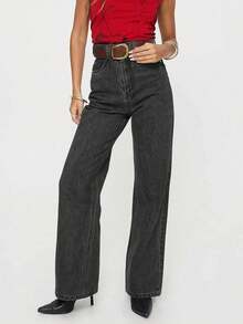 女士时尚高腰直筒牛仔裤，深灰色复古风休闲裤（不含腰带），春夏款 - 深灰色 - 查看 4