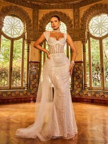 Faeriesty 优雅迷人的闪亮晚礼服，饰以精致的串珠和亮片——薄纱面料上点缀着垂直串珠扇形图案，修身鱼尾廓形 | 适合红毯活动、婚礼招待会、盛大生日派对、夏季度假派对等正式场合，白色春季款 - 白色 - 查看 8