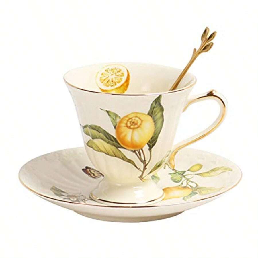 WSXC Porcelain Cup And Saucer Set With Golden Spoon 6oz Tea Cup Coffee Mug Cute Lemon Pattern - Yellow - View 1