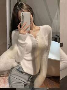 女士V领纯色休闲短款针织毛衣 - 白色 - 查看 3