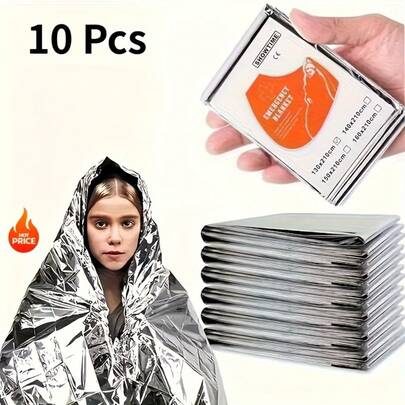 10pcs Pack, Extra Large Outdoor Emergency Blanket, Thermal Blanket - 82.68 X 51.18 Inches, Suitable For Camping, Hiking, Trekking And Outdoor Adventure Survival And First Aid Kit, Lightweight And Portable - High Quality Aluminum Foil Insulation Design, Ideal For Extreme Cold Weather, Hiking, Camping And Travel - Outdoor Essential Safety Gear | Thermal Emergency Blanket With "Emergency" Marking, Camping Gear | Durable Fabric, Camping And Hiking Accessories, Camping Supplies