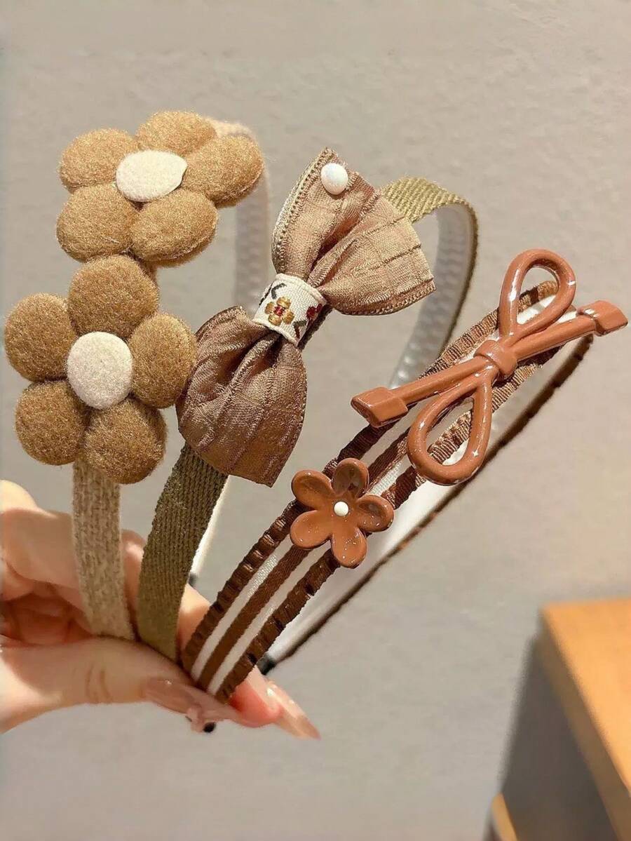 3pcs Girls' Retro Floral Bow Headbands, Versatile Casual Accessories For Autumn/Winter