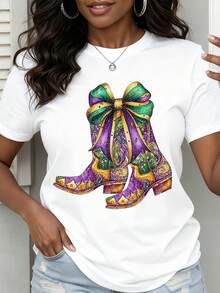 Mardi Gras Cowboy Boots With Bow T Shirt Women's Festive Purple Green And Gold Design Casual Graphic Tee For Celebration Party Wear - 白色 - 查看 1