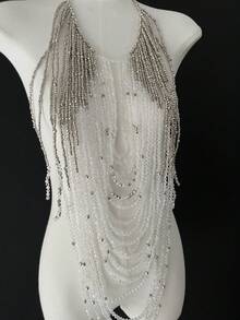 DEKUNER Collier de corps à perles multibrins pour femmes, couleur cristal argent-blanc, style élégant convenant pour les vacances, les occasions décontractées, les fêtes et autres événements - Argent - Voir 6