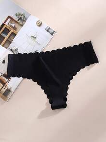 10 条装 女士丁字裤 纯色冰丝性感内裤 罗纹低腰女士内衣 带波边无痕内衣内裤，黑色 - 黑色 - 查看 5