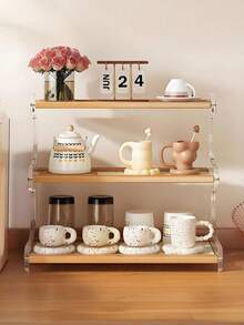 1pc Acrylic Multi-Layer Kitchen Storage Rack, Large Capacity Countertop Organizer, Tabletop Spice Rack, High-End Desk Cup Holder, Tea Set Storage Rack, Multi-Function Home Storage Rack, Suitable For Home, Bar Or Balcony Decor, Light Brown Surface, Kitchen Organization | Modern Kitchen Shelf | Bamboo Shelf, Kitchen Rack And Shelves - Multicolor - View 4