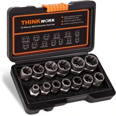 THINKWORK Bolt Extractor Kit, 13+1 Pieces Nut Extractor Socket Set, 3_8" Drive Rounded Bolt Remover, Lug Nut Removal Tool For Damaged, Rusted, Rounded-Off, Stripped Fasteners