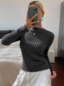 Livesso 1件女士修身立领长袖抓绒T恤，秋季服装，返校服装 - 深灰色 - 查看 2