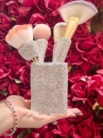 1个高端化妆刷收纳桶，镶钻桌面收纳盒，时尚大容量多功能化妆刷架，高端梳妆台镜前收纳盒，女士礼物，圣诞礼物，女士送礼佳品