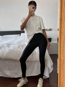 Livesso Simple Solid Color Long Leggings, Stylish Casual For Workout & Everyday Wear Fall Tights - Black - View 6
