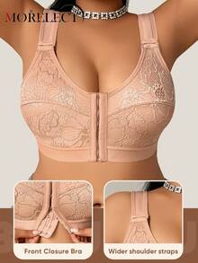 Morelect Áo ngực không gọng, cài ren phía trước dành cho nữ cỡ lớn, nâng đỡ tốt và thoáng khí. - Màu be - Xem 5