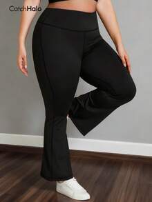 Leggings de yoga de talla grande con vuelo de tela de punto para mujeres - Cintura alta con control de abdomen y levantamiento de glúteos y pantalones de yoga que moldean el Body | Pantalones deportivos a prueba de sentadillas con estiramiento en 4 direcciones sin costuras para gimnasio, yoga, pilates, correr, ciclismo