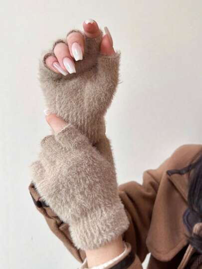 1 双女士时尚加厚保暖半指手套，加厚防寒触屏手套，适合户外骑行、运动、冬季佩戴+冬季装备+小熊手套+圣诞节