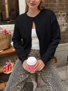 女士休闲纯色单排扣短款开衫毛衣 黑色 - 黑色 - 查看 5