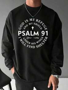 Men'S Round Neck Printed Long-Sleeved T-Shirt, Men's Psalm 91 Graphic Print Long Sleeve T-Shirt - Cotton Crewneck Religious Bible Verse Apparel With "God Is My Refuge And Shield" Inspirational Design, Comfortable Casual Christian Faith-Based Tee For Daily Wear(280 Gsm) - 黑色 - 查看 12