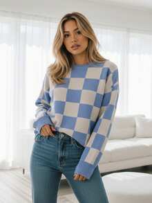 Womens Fall Winter Sweater Loose Fit Casual Checkered Ribbed Trim Crew Neck Long Sleeve Knit Tops - 藍色 - 查看 4
