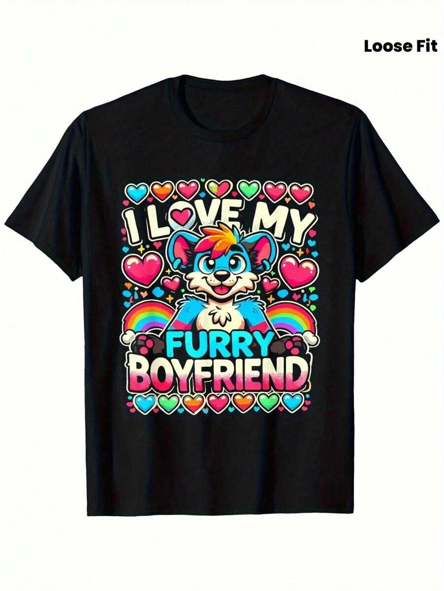 Unisex Black Modern T-Shirt 100% Cotton Loose Fit Casual Tee With I Love My Furry Boyfriend Graphic, Colorful Cartoon Dog & Rainbow Hearts Design - Sizes S-XXXL, Machine Washable Top, Fun Design, Durable Clothing - Black - View 1