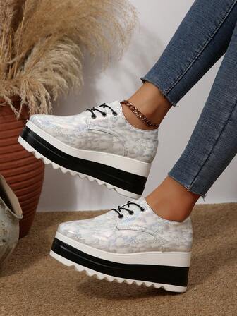 Leopard Print Platform Lace-Up Square Toe Thick Sole Wedge Heels & Chunky Sole Shoes For Women, All Season