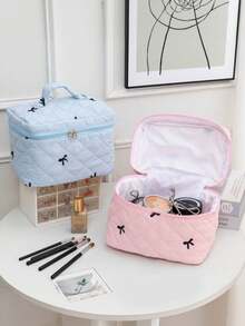 This Cute Large-Capacity Cosmetic Bag Features An Embroidered Bow, Serving As Both A Portable Travel Organizer And A Toiletry Bag, Perfect For Storing Makeup, Skincare Products, Toiletries, And Makeup Brushes. It Is An Ideal Choice For Autumn, Winter, And The Christmas Season.,Pouch,Makeup Pouch,Travel Essential - Multicolor - View 3