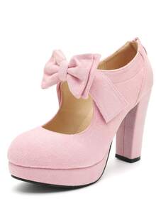 MAIERNISI JESSI Womens Bow Heels Mary Jane Shoes Round Toe Platform Chunky High Heel Vintage Dress Pumps - 粉紅色絨面 - 查看 16