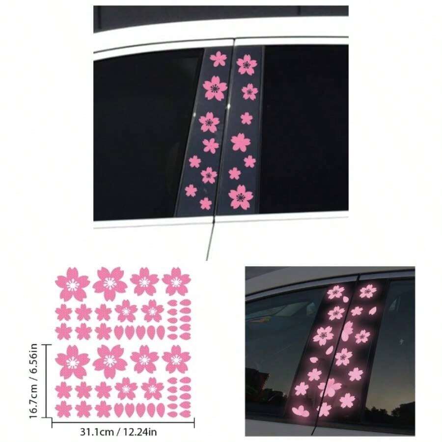 High Intensity Reflective Flower Car B - Pillar Sticker Self - Adhesive Cherry Blossom Center Pillar Decal Waterproof Vinyl Decal Car Window Bumper Decor Pink - 粉色 - 查看 1