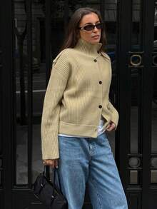 MUMRAP 女士休闲纯色立领针织开衫，复古宽松长袖 - 橄欖綠 - 查看 3