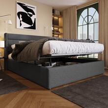 Upholstered Double Bed With Padded Headboard, 140x200cm, In Grey Linen, Medium Firmness (With Spring Mattress) - Black - View 5