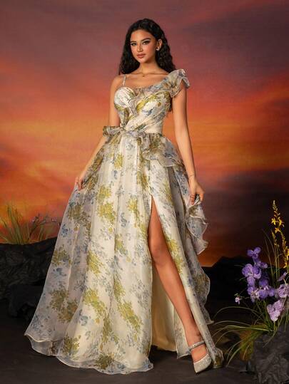  VIPGIRL Floral Print Mesh Ruffle Trim Asymmetric Neck Evening Maxi Dress