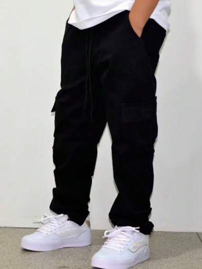 Calça cargo jeans preta infantil juvenil 6 Bolsos