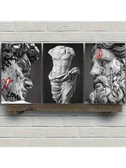 3pcs/Set Canvas Prints, Unframed Artwork For Timeless Home Aesthetics David, Zeus, Ancient Greek Mythology Statue Art Posters, Graffiti Style Wall Arts, Black And White Decor, Living Room, Bar Decor, Cafe, Bedroom, 2D Flat